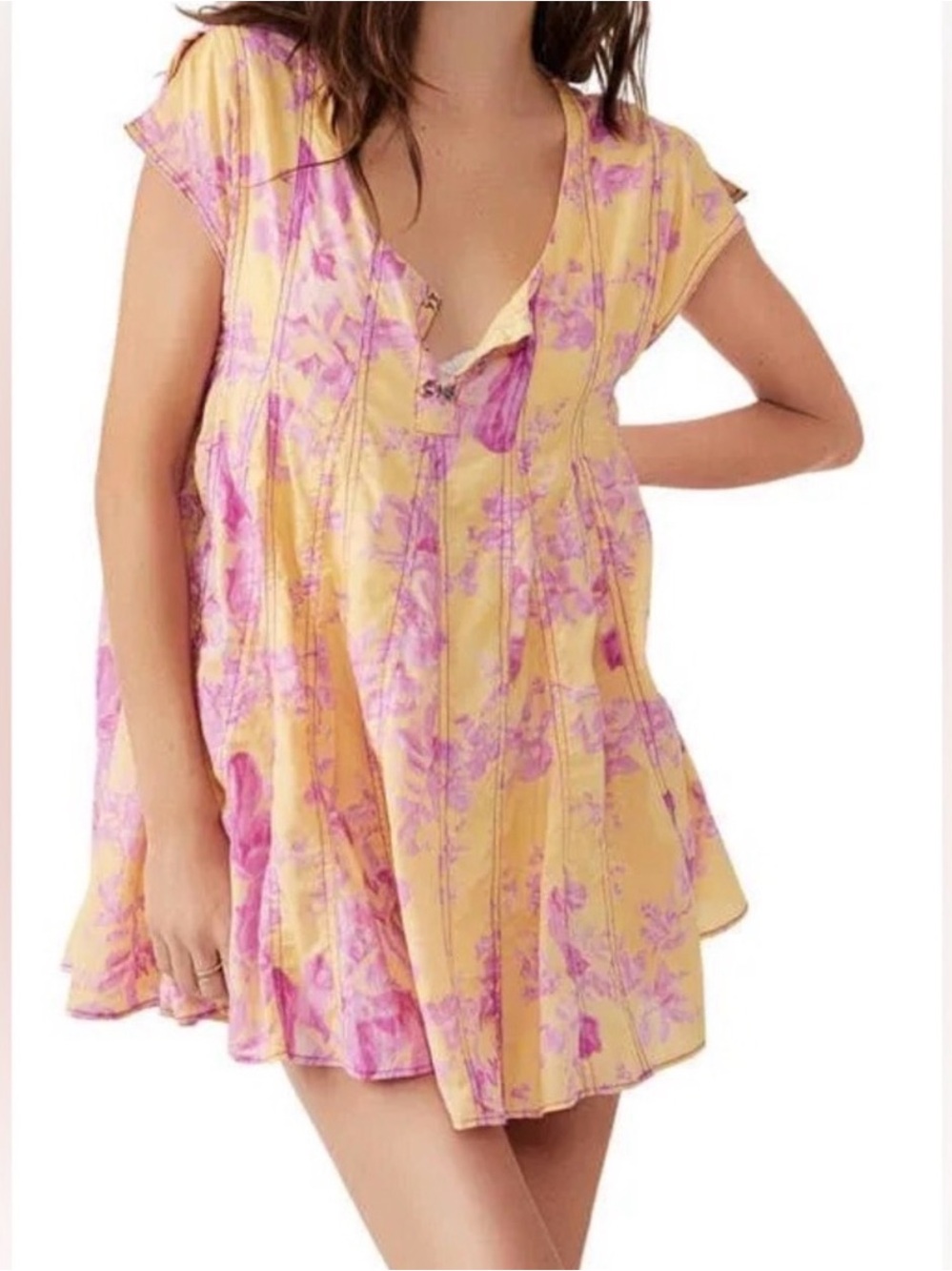 Free People Yellow Mini Dress with Pink Floral Print